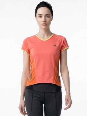 adidas Coral and Yellow Short Sleeve V-Neck Athletic Tee